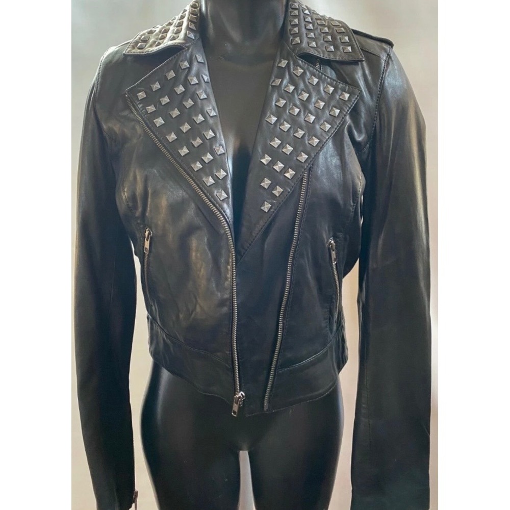 Trouve Womens Black‎ Studded Leather Moto Jacket Biker Punk HL230046MI XS